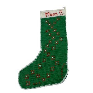 Vintage Christmas Stocking Handmade Knit Crochet Mom Family Green White Red Snow